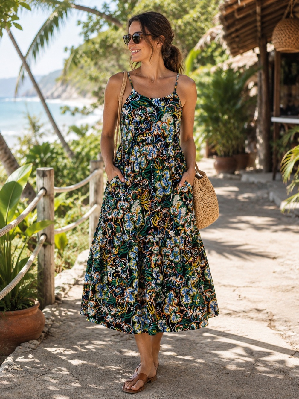 Patagonia Tidal Threads Undersea Black Tencel Midi Dress Floral Gorpcore Granola